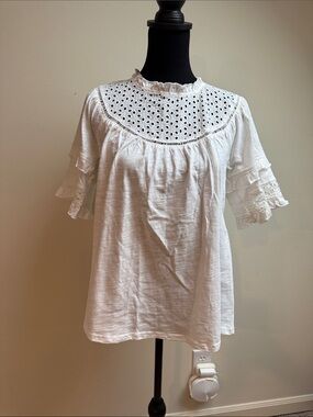 White Eyelet Yoke Ruffle Sleeve Blouse